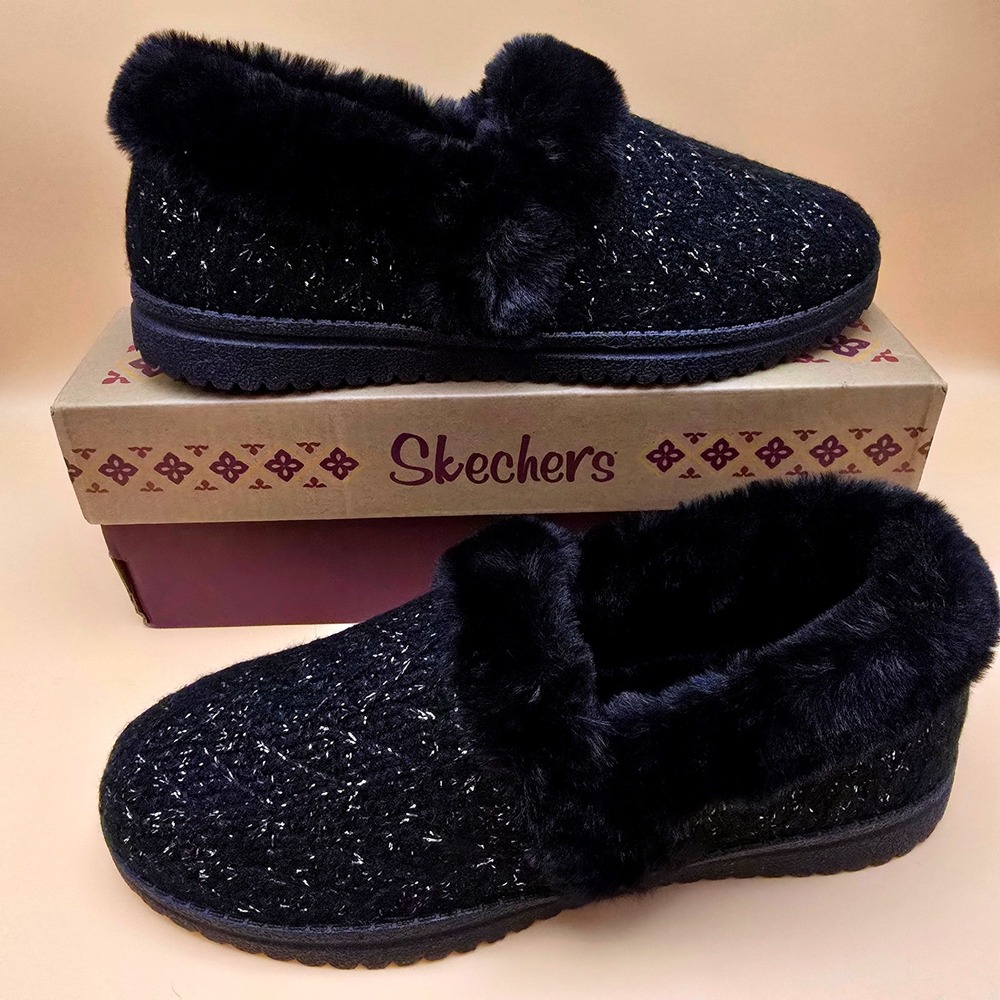Skechers Cozy Lite Sweet Walk‎ Slippers Womens 8 Black Faux Fur Memory Foam